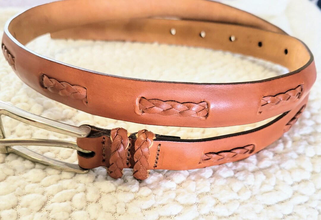 MADE IN ITALY Camel Woven Leather Belt with Silver Accents ITALIAN Leather Belt Womens/valmars Skinny Belt Braided  main image 4