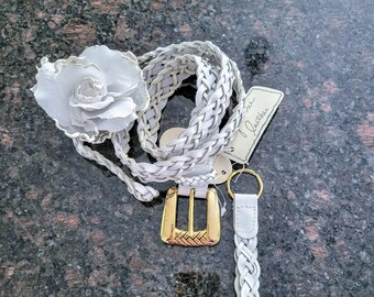 Wide White Braided Leather Belt: Boho Chic Woven Waist Belt  display picture 3