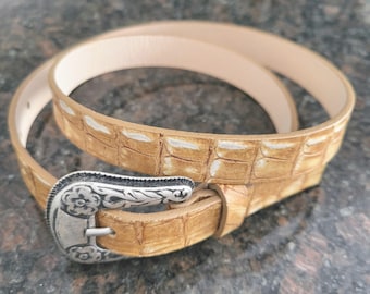 GARUGLIERY Italian Leather Belt/Tan Crock Embossed with engraved Silver Buckle//Luxury Accessory Made in Italy Size S Waist Belt Gift/No.177