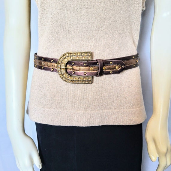 Brown leather belt with a large ornate gold-toned textured buckle Olga Santini Genuine Leather Belt with Ornate | Mercari main image 4