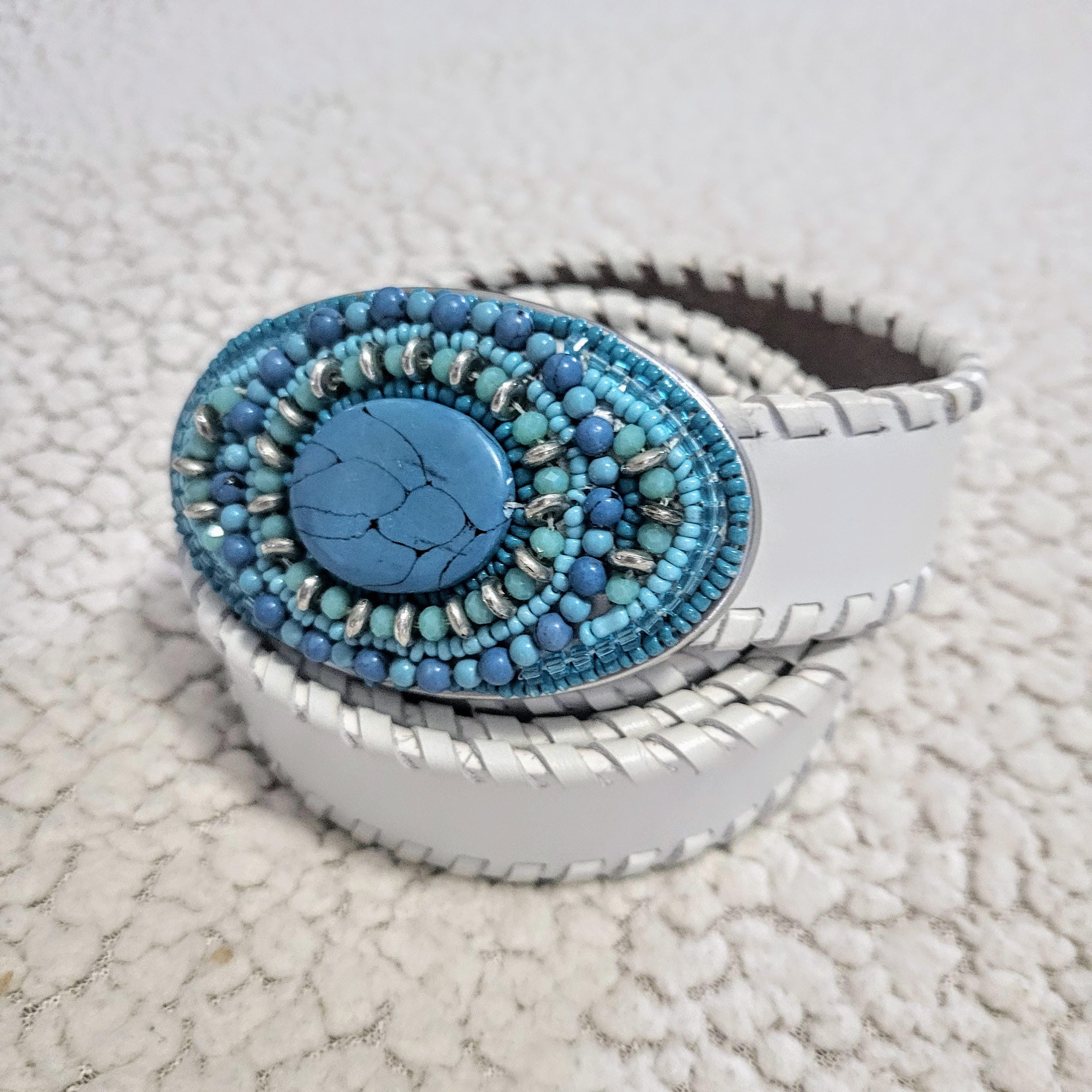 Chico’s Silver Beaded Leather w/turquoise and Chain Belt Made in India GB Abby Turquoise Western Chain Belt – The Bevel Label main image 4