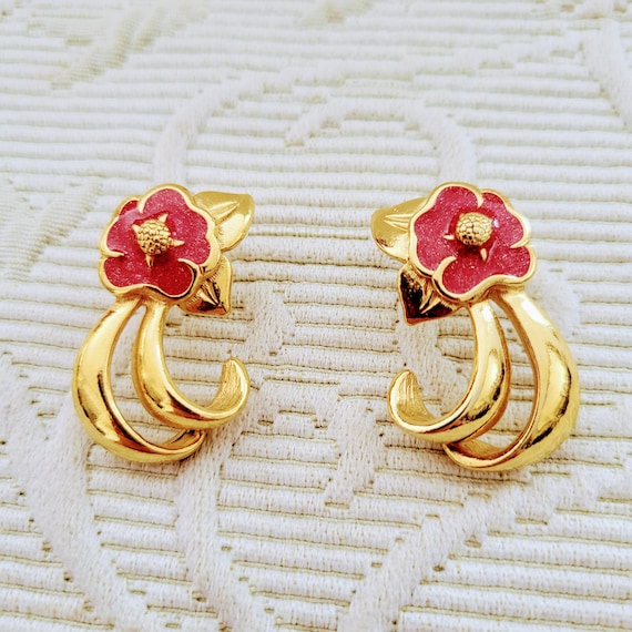 Boucles D'oreilles Vintage Clips - Feuilles Dorées émaillées Rouge Noir Occasion