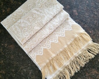ACHADO RARO/Único feito na França, cachecol macio e quente de inverno/Cor camelo, padrão de renda branca, elegante, gola de malha/Ideia para presente/436