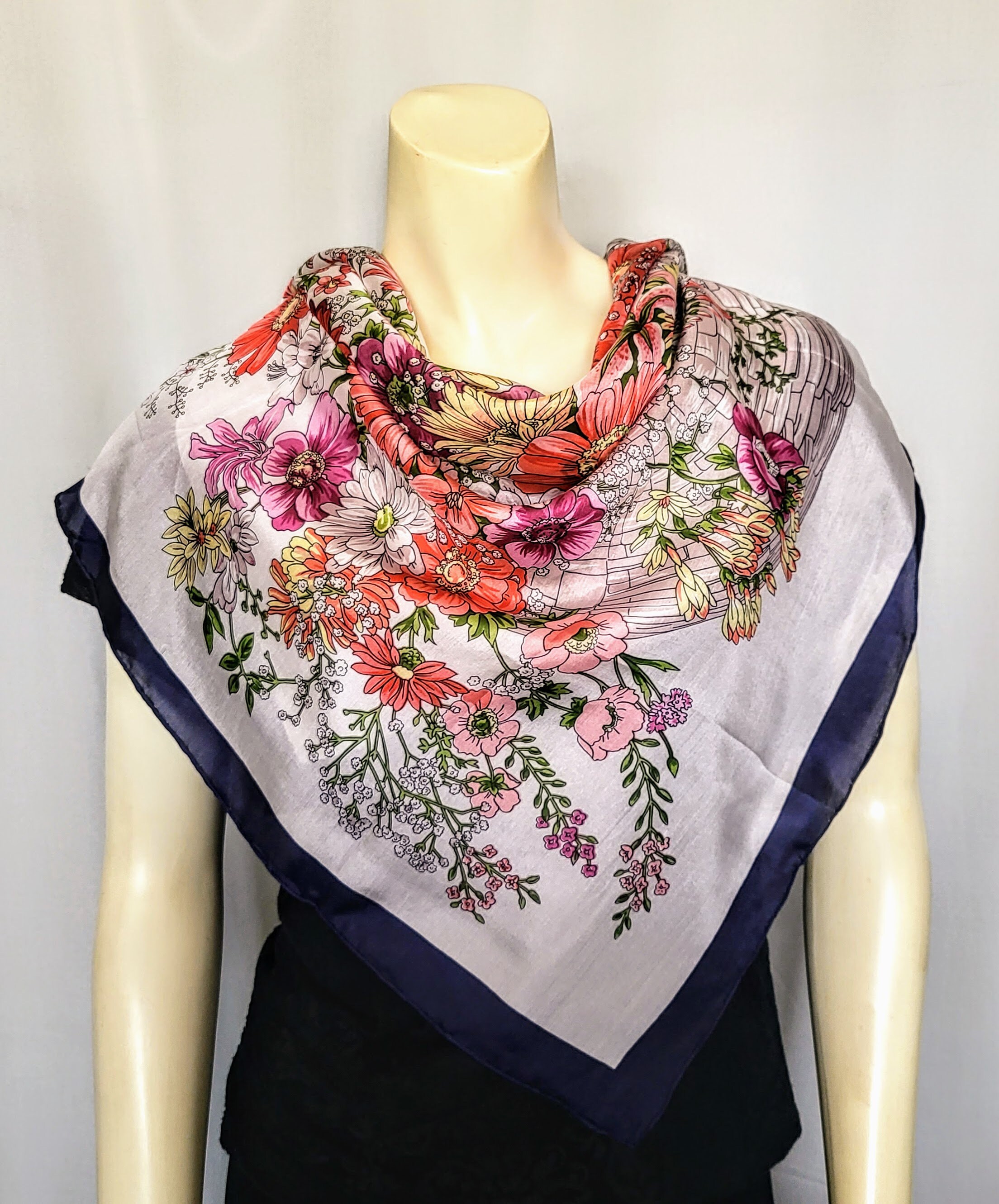 【eL×ONE】Flower Large Scarf 100% SILK Bright Floral Pattern Large Square Scarf/ Super