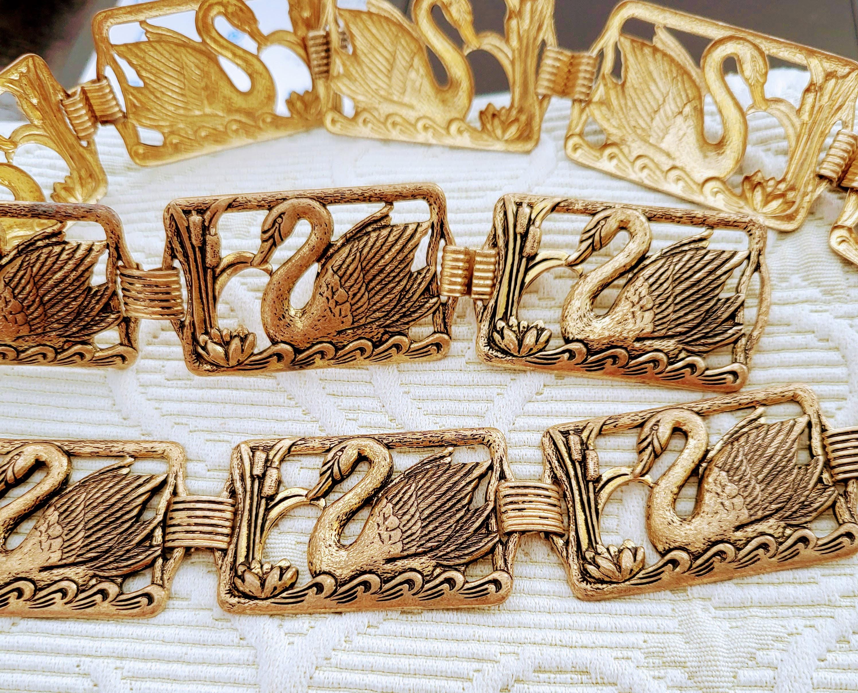 Vintage 80s Brass Links Belt: Embossed Swan & Water Lily 