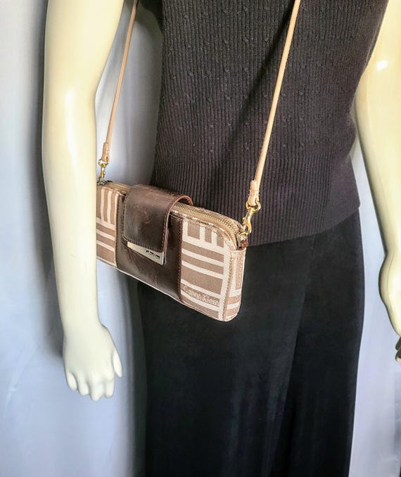 CALVIN KLEIN Brown Leather Signature Taupe and Beige Stripes