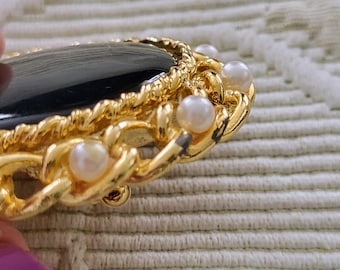 Broche Plaquée Or Avec Onyx Noir - Bijou Vintage Occasion 27x23 Mm