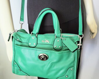 Green Genuine Leather Coach Mini Satchel Crossbody Bag double Handle Elegant Functional Zipper Top Closure Emerald Green Leather Purse 274 Etsy