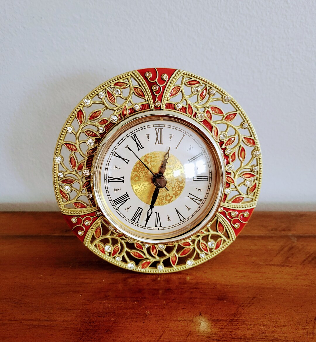 Jeweled Standing Decorative Clock/gold Tone Clear Crystals Red Enamel ...