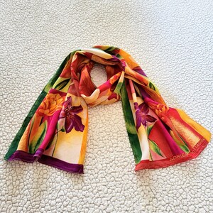 100% SILK Long Bright Floral Pattern Scarf/adrianne  display picture 1