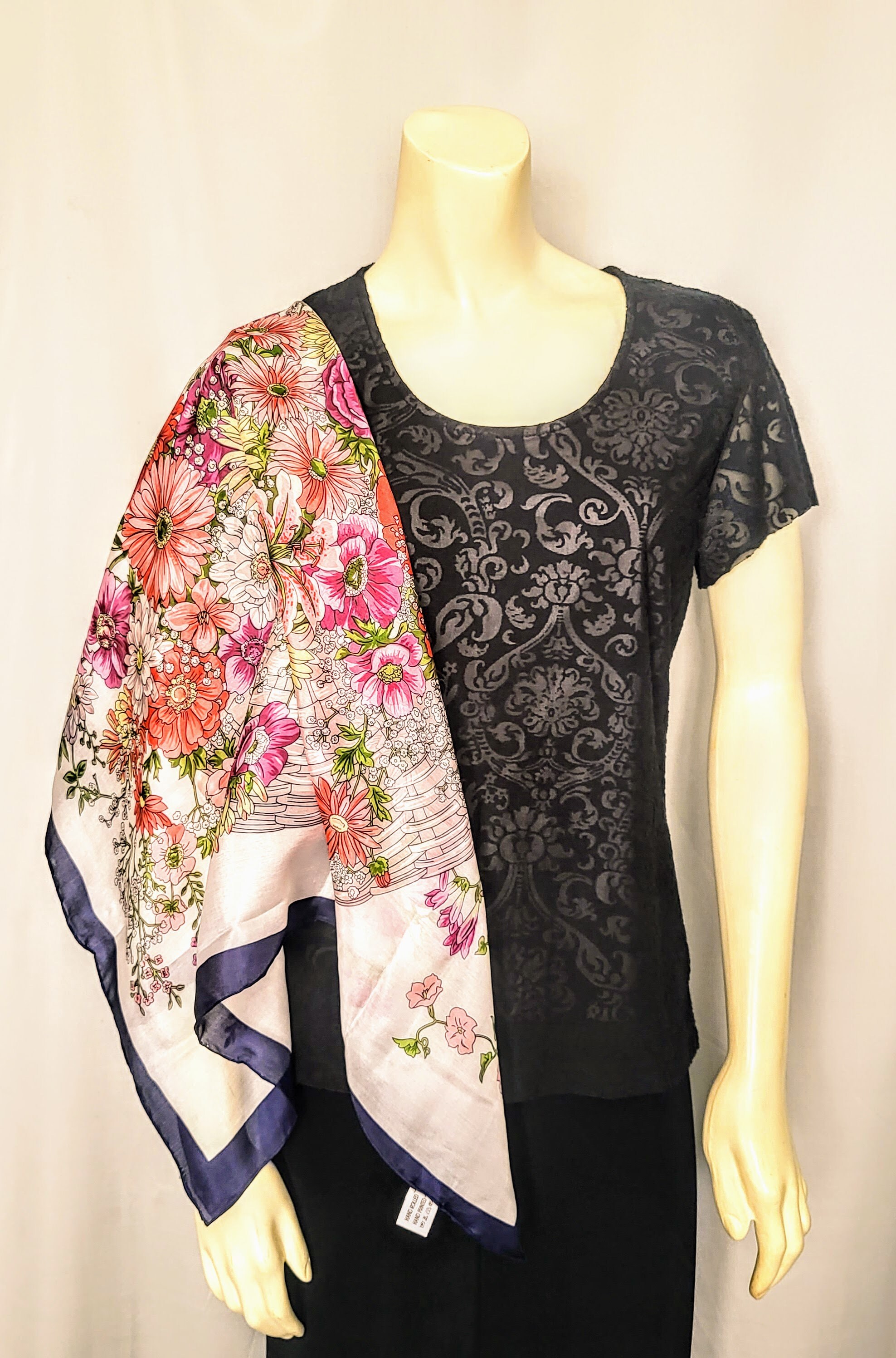 100% SILK Bright Floral Pattern Large Square Scarf/ Super
