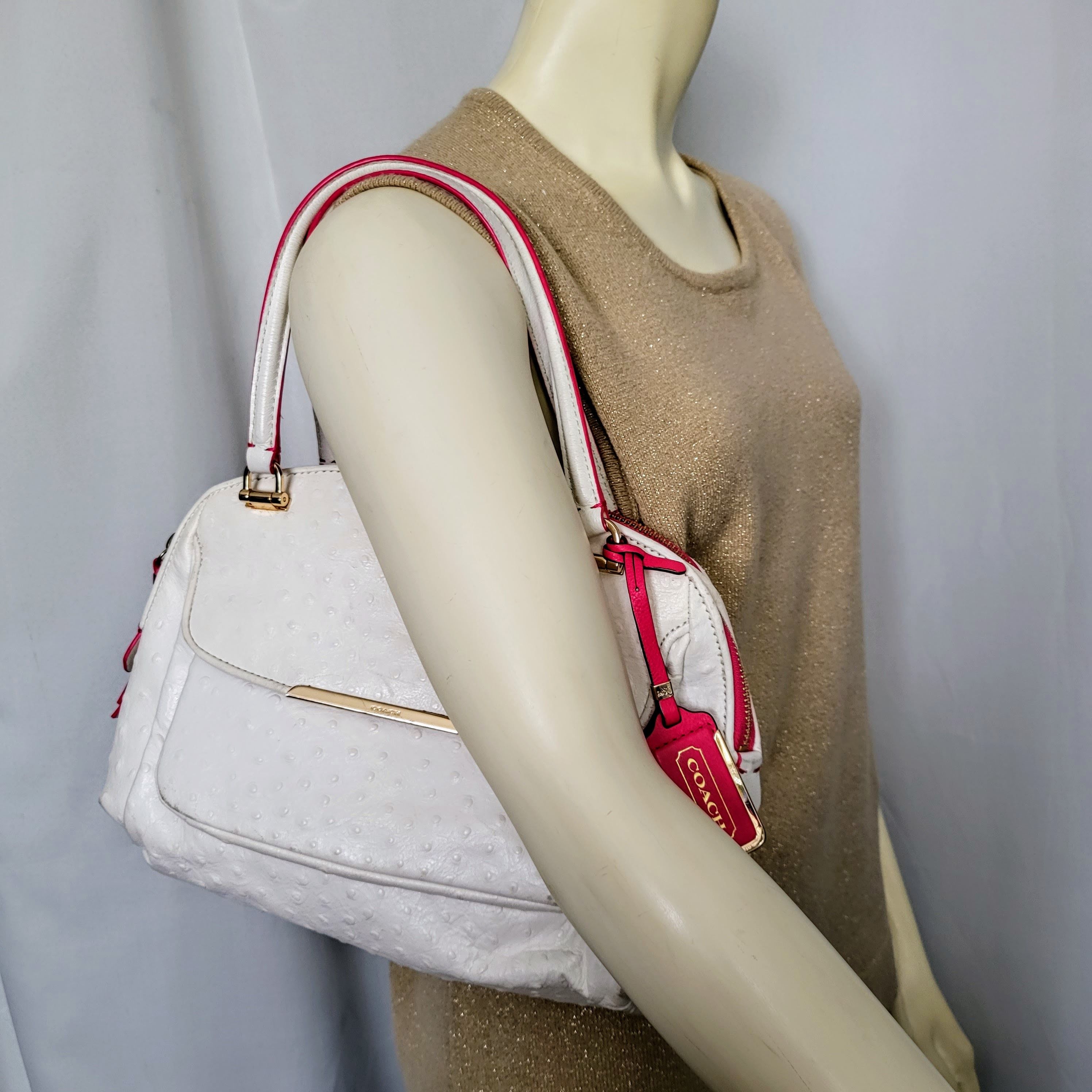 COACH White Ostrich Embossed Leather Handbag With Pink Trim designer Elegant Medium Size Bag Gold Ficture luxury Accessory gift Idea no.271 Etsy