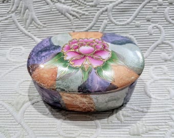 Boîte à bijoux florale peinte à la main en porcelaine/Design coloré de style cloisonné/Boîte à bijoux ovale à fleurs roses/Cadeau de décoration bohème/No.