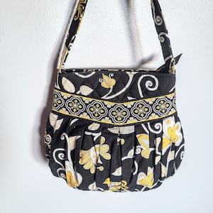 VERA BRADLEY Small Handbag/Retired  Yellow Bird  Black Yellow White Bird Floral and Vine Pattern/pleated Front Zip Closure/Gift For Her/N150