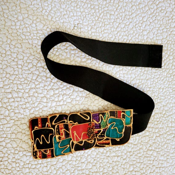 RARE FIND/ Vintage 80s Black Elastic Wide Belt Hand Made  display picture 2