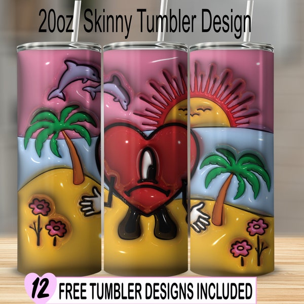 Bad bunny 3D Inflated 20oz Skinny Tumbler, Sublimation, Un verano sin ti, Straight Tapered PNG, Instant Digital Download