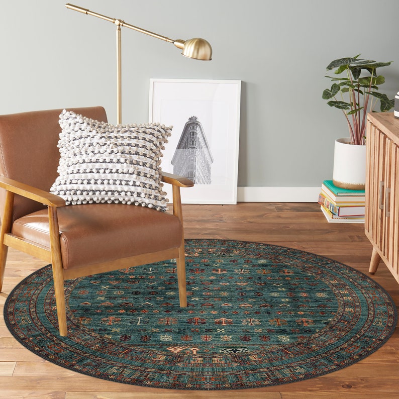 Traditional Round Vintage Rug, Decorative Washable Nonslip Round Rug