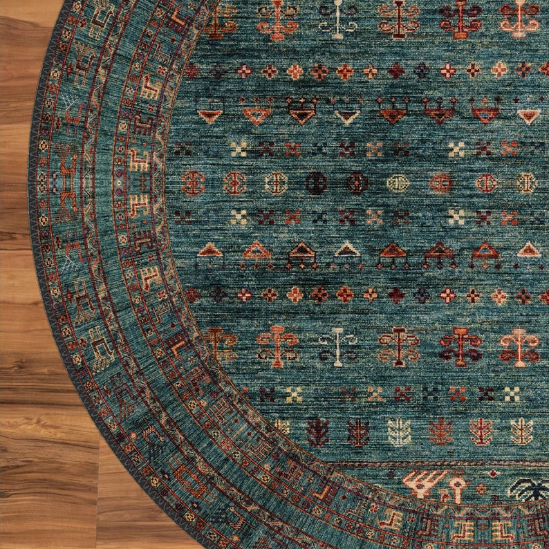 Traditional Round Vintage Rug, Decorative Washable Nonslip Round Rug