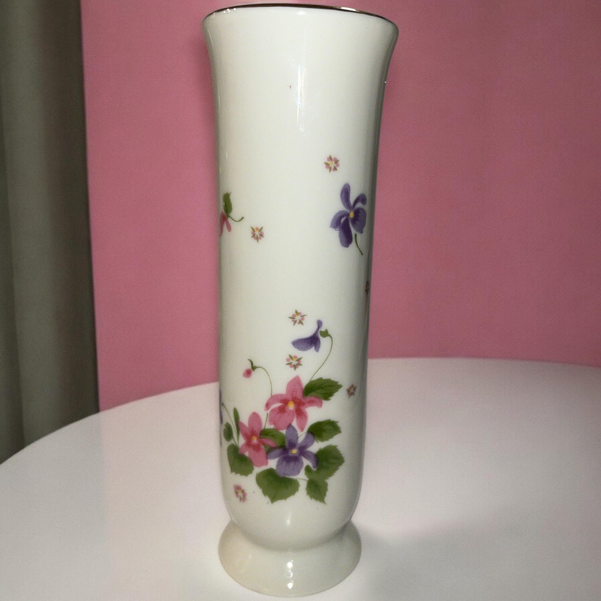 Vintage Fred Roberts of San Francisco Bud Vase with Purple Violets and Pink Flowers