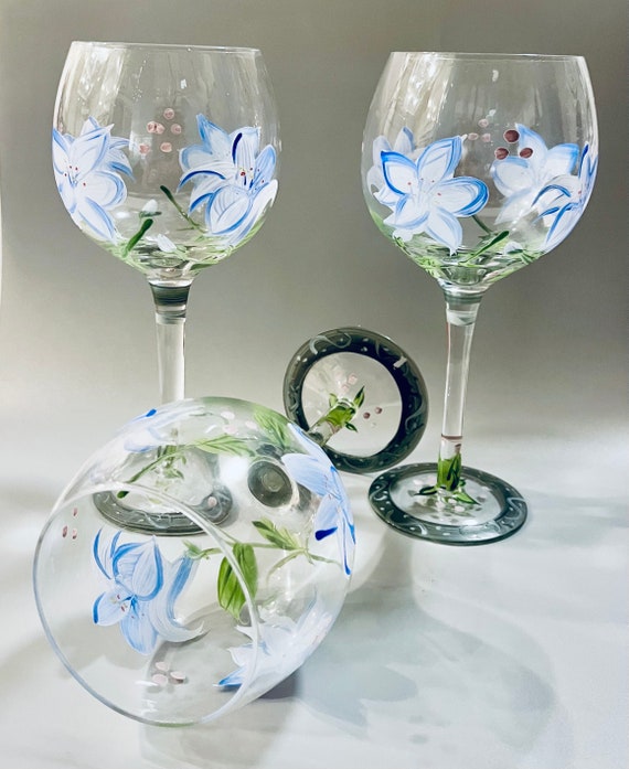 手描きの青い花柄ドリンクグラス3個セット - Etsy 日本