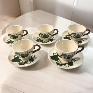 Vintage Metlox California Ivy Set of 5 Sets Cups and Saucers, Poppytrail Hand Painted