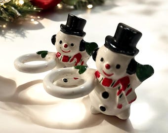 Vintage Set of 2 Pier 1 Snowmen Candle Holders 2”, Made in Japan