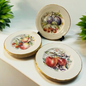 May include: Set of six white ceramic dessert plates with gold trim. Each plate features a different watercolour painting of fruit, including plums, peaches, and apples.