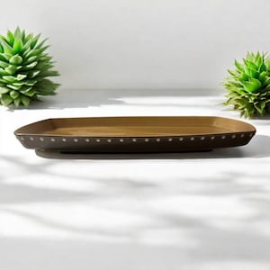 May include: A rectangular serving tray with a brown interior and dark brown exterior. The tray has a series of small, evenly spaced white dots along the edge. Two green succulent plants are in the background.