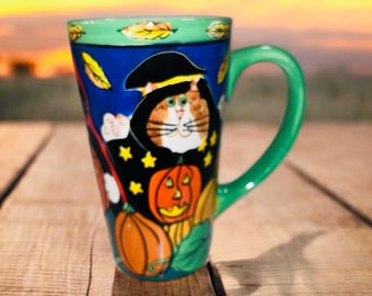 Vintage 2001 Catzilla Cat Halloween Green Tall Coffee/Tea Mug by Candace Reiter
