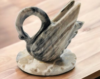 Vintage Carved Natural Agate Stone Swan Figurine Paperweight Pen Holder