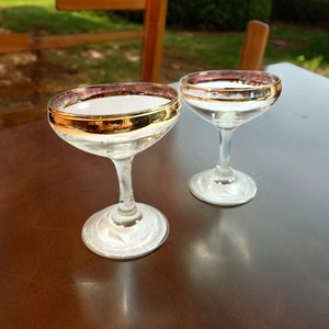 Vintage MCM Set of 2 Gold Rim Cocktail Champagne Glasses, Gold is Wearing