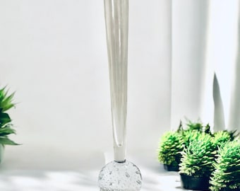 May include: A clear glass bud vase with a long, slender neck and a round, textured base. The vase is approximately 12 inches tall. The base has a bubble-like texture. The vase is displayed on a white surface with small potted plants in the background.