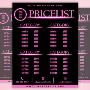 Modelo de lista de preços, planilha de preços, folheto de lista de preços, guia de preços, folheto de salão de beleza, folheto de preços de cabelo, modelo editável do Canva