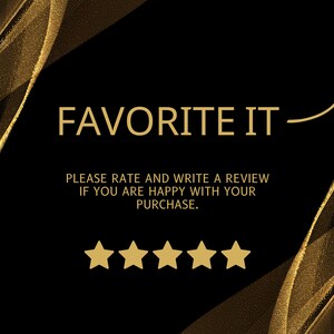Puede incluir: Fondo negro con acentos de purpurina dorada y una flecha curva que apunta hacia la derecha. El texto "FAVORITE IT" est&aacute; en letras doradas. Debajo del texto hay un mensaje que dice "PLEASE RATE AND WRITE A REVIEW IF YOU ARE HAPPY WITH YOUR PURCHASE." Hay cinco estrellas doradas debajo del mensaje.