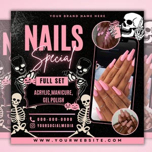 Puede incluir: Gráfico promocional para un salón de uñas, con las palabras "NAILS Special" en rosa sobre un fondo negro. La imagen incluye una foto de uñas acrílicas largas y rosas, ilustraciones de esqueletos e información de contacto.