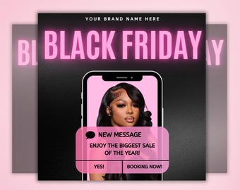 May include: Black Friday promotional graphic with a pink and black color scheme. The words "BLACK FRIDAY" are in large, glowing pink letters. A smartphone displays a woman's image and a message bubble that reads "ENJOY THE BIGGEST SALE OF THE YEAR!"