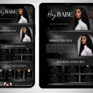 Puede incluir: Un anuncio digital en blanco y negro que se muestra en un tel&eacute;fono inteligente y una tableta. El anuncio incluye el texto "Hey BABE" y "READY TO BOOK NOW?" junto con una foto de una mujer. Tambi&eacute;n se muestran las pol&iacute;ticas de reserva y las rese&ntilde;as de los clientes.