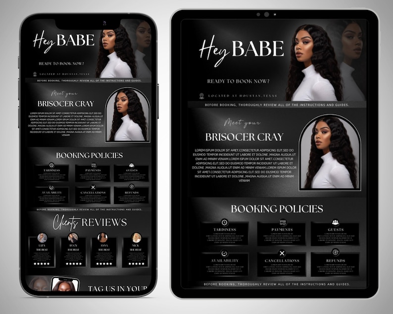 Puede incluir: Un anuncio digital en blanco y negro que se muestra en un tel&eacute;fono inteligente y una tableta. El anuncio incluye el texto "Hey BABE" y "READY TO BOOK NOW?" junto con una foto de una mujer. Tambi&eacute;n se muestran las pol&iacute;ticas de reserva y las rese&ntilde;as de los clientes.