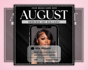 August Booking Flyer, August Book Now Flyer, August Bookings Appointments Available Flyer, August Books Open, Canva Editable Template
