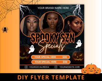Folleto de disponibilidad de reservas para Halloween, folletos de reservas para octubre, folleto de citas, folleto de temporada espeluznante, cabello, uñas, maquillaje, pestañas, trenzas, pelucas