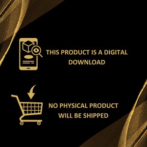 Puede incluir: Un icono dorado de un tel&eacute;fono inteligente con una lupa sobre una caja, con el texto "ESTE PRODUCTO ES UNA DESCARGA DIGITAL". Debajo del icono hay un carrito de compras dorado con una flecha apuntando hacia abajo, y el texto "NO SE ENVIAR&Aacute; NING&Uacute;N PRODUCTO F&Iacute;SICO".