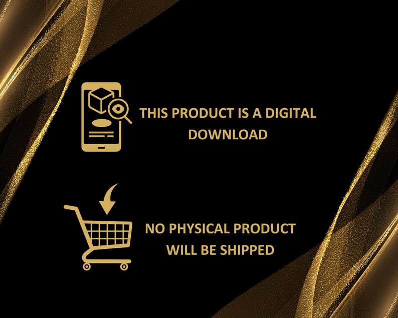 Puede incluir: Un icono dorado de un tel&eacute;fono inteligente con una lupa sobre una caja, con el texto "ESTE PRODUCTO ES UNA DESCARGA DIGITAL". Debajo del icono hay un carrito de compras dorado con una flecha apuntando hacia abajo, y el texto "NO SE ENVIAR&Aacute; NING&Uacute;N PRODUCTO F&Iacute;SICO".