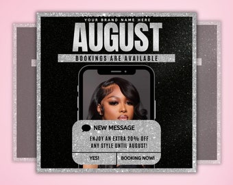 August Booking Flyer, August Book Now Flyer, August Bookings Appointments Available Flyer, August Books Open, Canva Editable Template