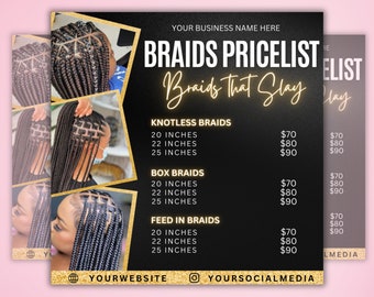 Braids Price List Flyer Template, Price Sheet, Pricelist Flyer, Pricing Guide Sheet, Salon Business Flyer, Hair Pricing Flyer, Canva