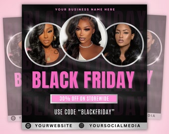 May include: Black Friday sale announcement with a 30% discount on all items. Use code "BLACKFRIDAY" at checkout.  The image features three women with long black hair.