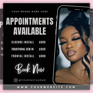 Puede incluir: Un gráfico promocional negro con texto blanco que anuncia citas de peluquería. Contiene las palabras "APPOINTMENTS AVAILABLE" y enumera servicios. A la derecha hay una foto de una mujer con largas pestañas. El gráfico incluye el texto "Book Now" y detalles de redes sociales.