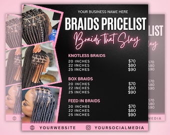 Braids Price List Flyer Template, Price Sheet, Pricelist Flyer, Pricing Guide Sheet, Salon Business Flyer, Hair Pricing Flyer, Canva