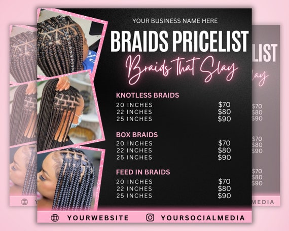 Braids Price List Flyer Template, Price Sheet, Pricelist Flyer, Pricing Guide Sheet, Salon Business Flyer, Hair Pricing Flyer, Canva