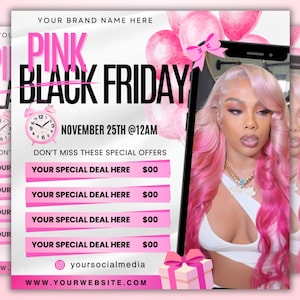 Folleto de Pink Friday, folleto de ofertas de Black Friday, oferta especial de Black Friday, Cyber Monday, belleza, pestañas, maquillaje, uñas, cabello, Canva, editable
