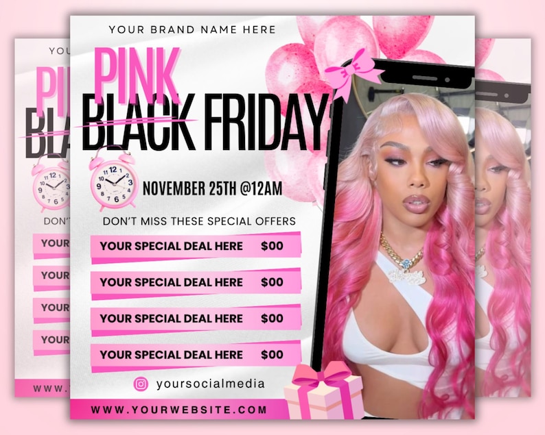 Black Friday Flyer, Black Friday sale Flyer, Black friday Special Sale, Cyber Monday, Beauty, Lashes, Make up, Nails, Hair, Canva, Editable, DIY template, Pink friday special sale flyer template design black friday flyer wig hair stylist business